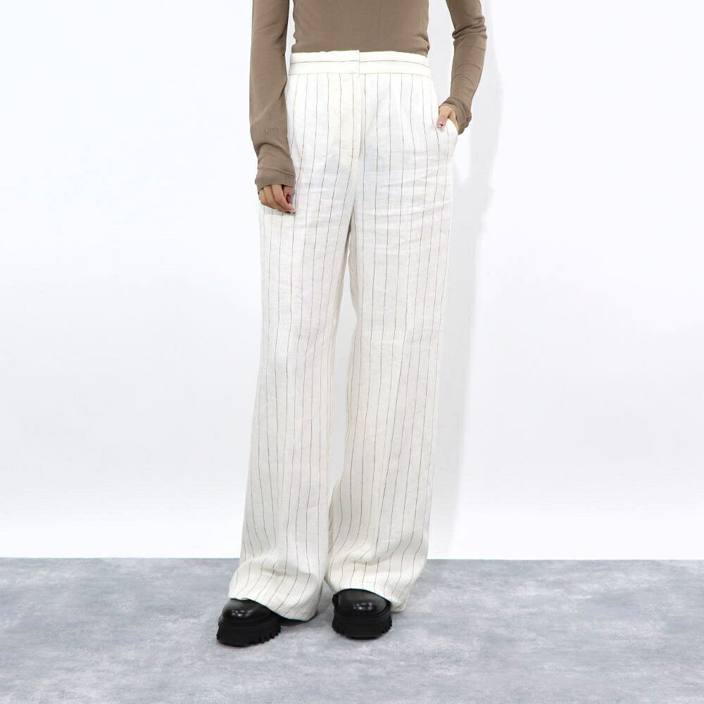Max Mara ロングパンツ ホワイト リネン ストライプパンツ ワイドパンツ 11310832