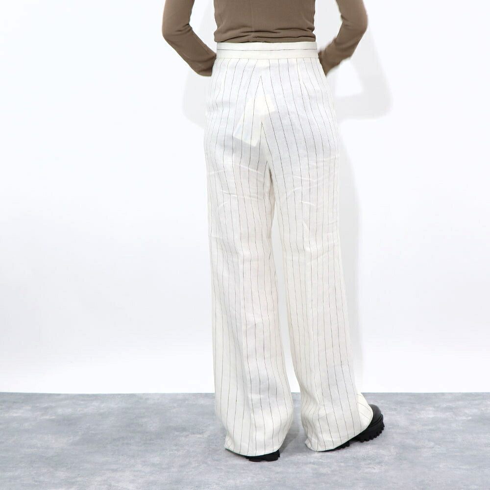 Max Mara ロングパンツ ホワイト リネン ストライプパンツ ワイドパンツ 11310832
