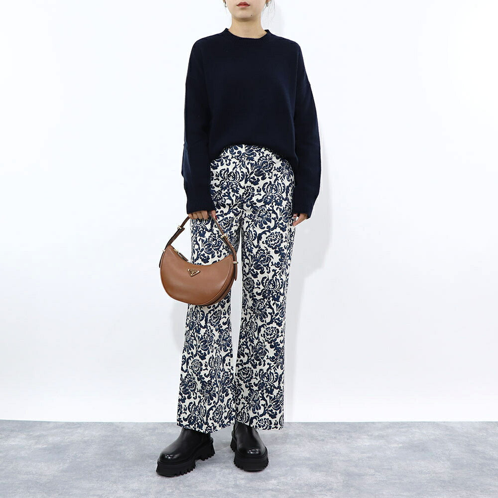 Max Mara ロングパンツ ネイビー×オフホワイト 花柄 総柄 プリントパンツ センタープレス 91311532