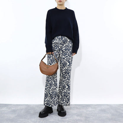 Max Mara ロングパンツ ネイビー×オフホワイト 花柄 総柄 プリントパンツ センタープレス 91311532