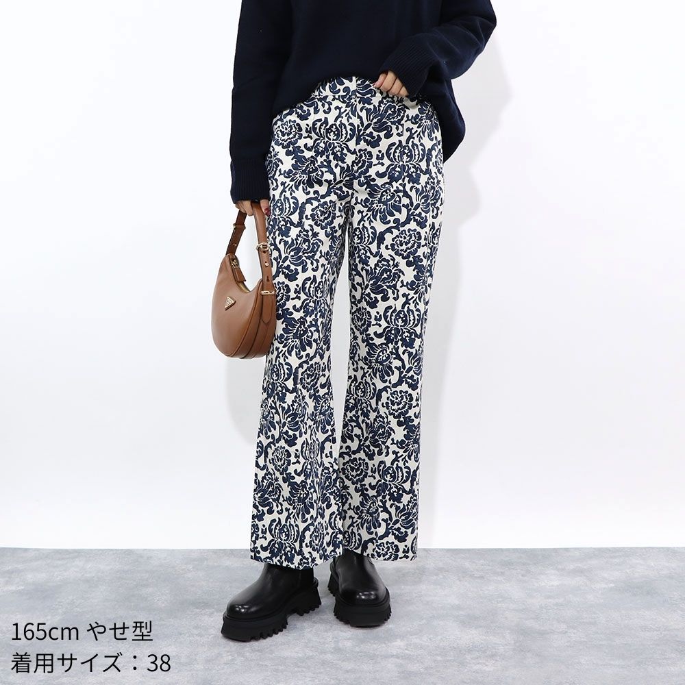 Max Mara ロングパンツ ネイビー×オフホワイト 花柄 総柄 プリントパンツ センタープレス 91311532