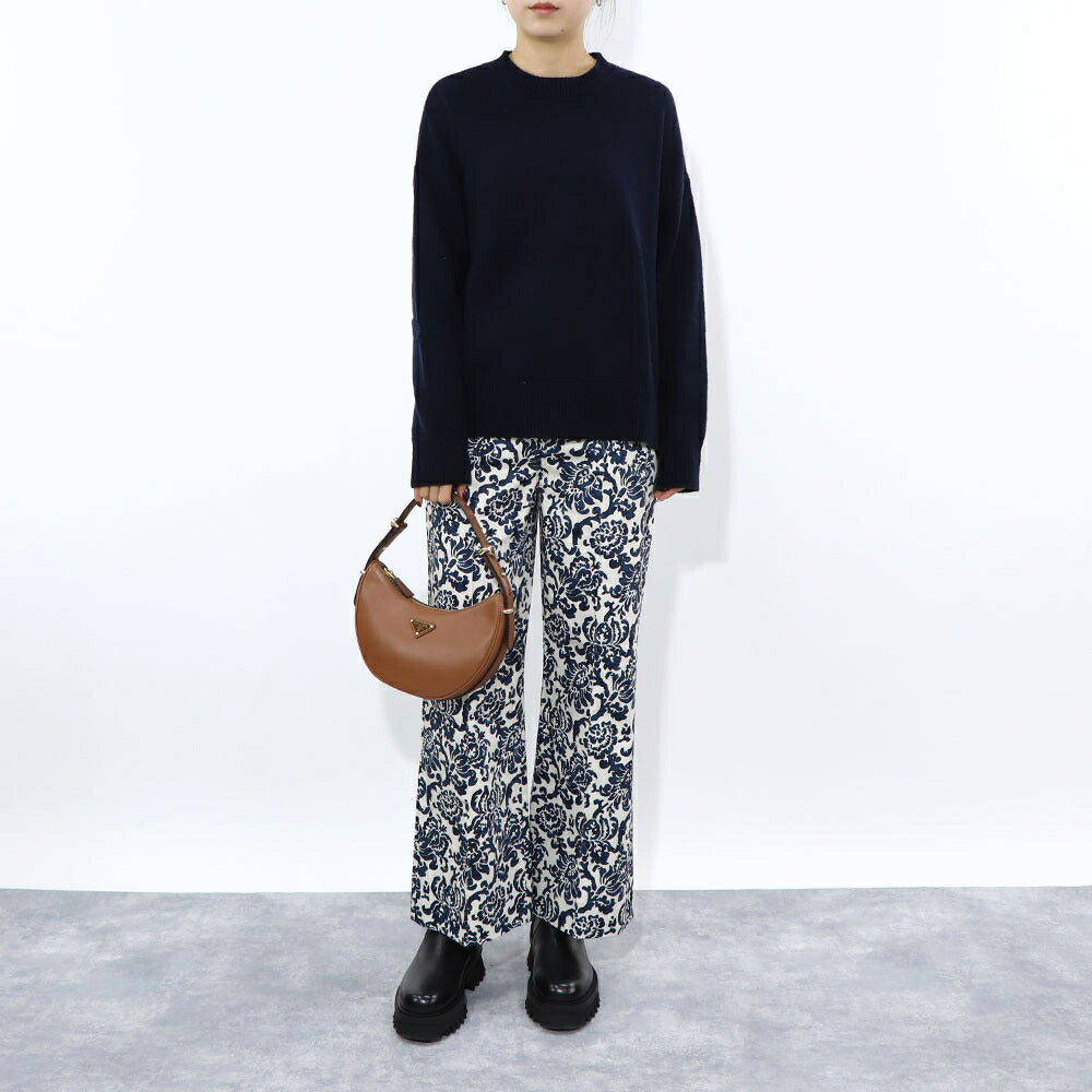 Max Mara ロングパンツ ネイビー×オフホワイト 花柄 総柄 プリントパンツ センタープレス 91311532