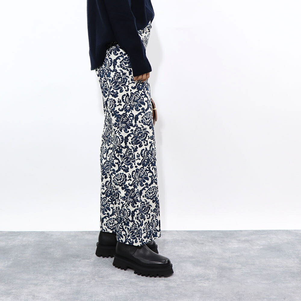 Max Mara ロングパンツ ネイビー×オフホワイト 花柄 総柄 プリントパンツ センタープレス 91311532