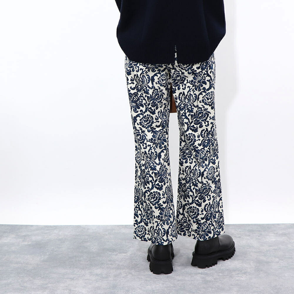 Max Mara ロングパンツ ネイビー×オフホワイト 花柄 総柄 プリントパンツ センタープレス 91311532