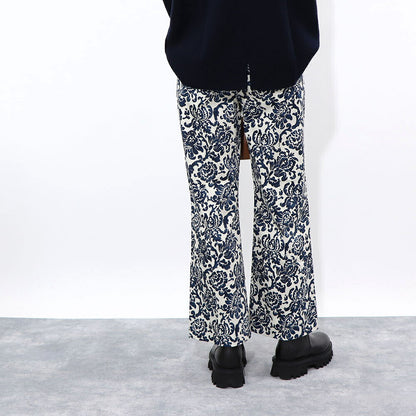 Max Mara ロングパンツ ネイビー×オフホワイト 花柄 総柄 プリントパンツ センタープレス 91311532