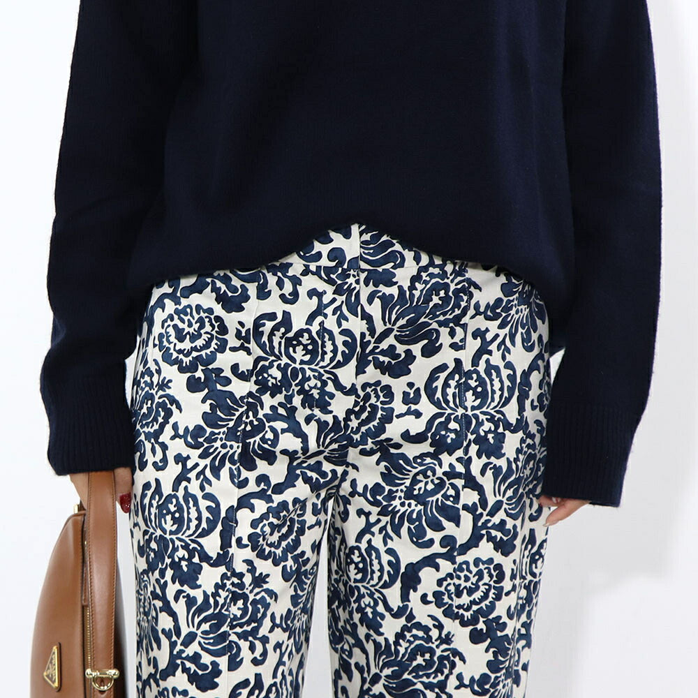 Max Mara ロングパンツ ネイビー×オフホワイト 花柄 総柄 プリントパンツ センタープレス 91311532