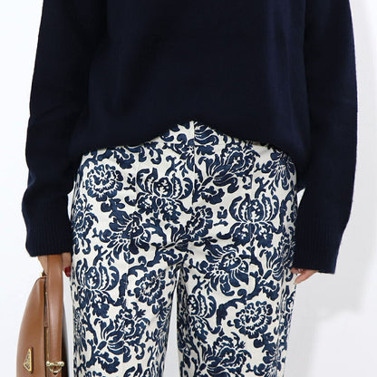 Max Mara ロングパンツ ネイビー×オフホワイト 花柄 総柄 プリントパンツ センタープレス 91311532