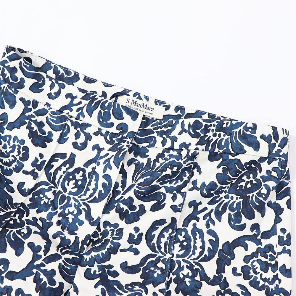 Max Mara ロングパンツ ネイビー×オフホワイト 花柄 総柄 プリントパンツ センタープレス 91311532