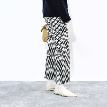 Max Mara ロングパンツ ネイビー×ホワイト プリントパンツ 幾何学模様 テーパードパンツ 91311732