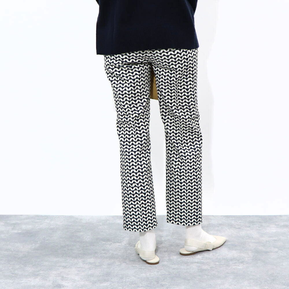 Max Mara ロングパンツ ネイビー×ホワイト プリントパンツ 幾何学模様 テーパードパンツ 91311732