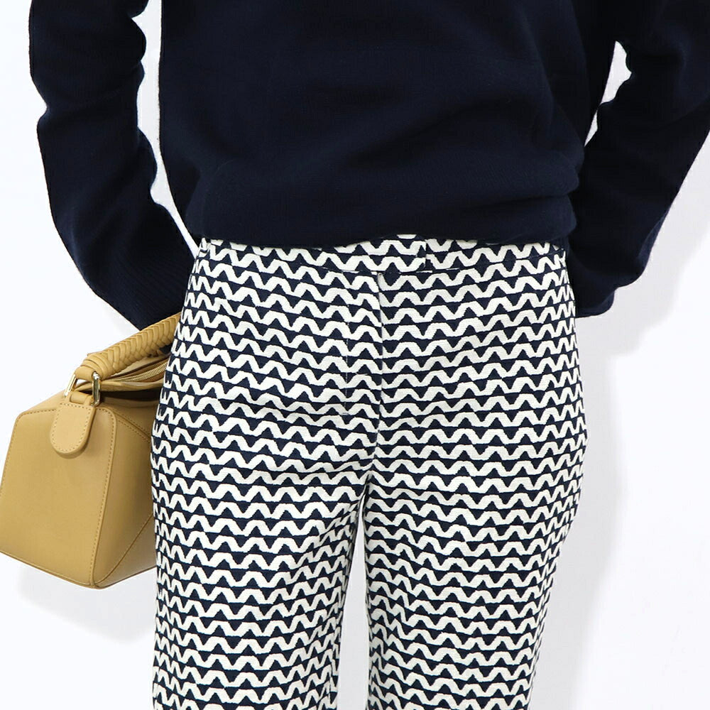Max Mara ロングパンツ ネイビー×ホワイト プリントパンツ 幾何学模様 テーパードパンツ 91311732