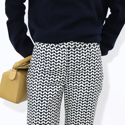 Max Mara ロングパンツ ネイビー×ホワイト プリントパンツ 幾何学模様 テーパードパンツ 91311732