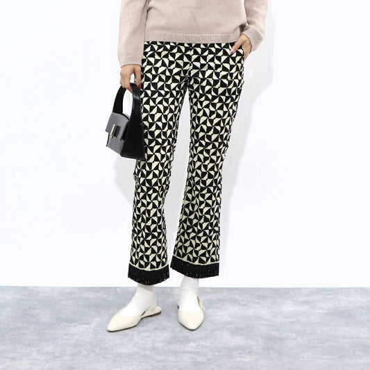 Max Mara ロングパンツ ブラック×クリーム 幾何学模様