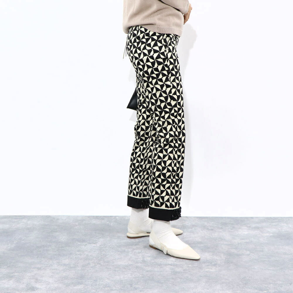 Max Mara ロングパンツ ブラック×クリーム 幾何学模様