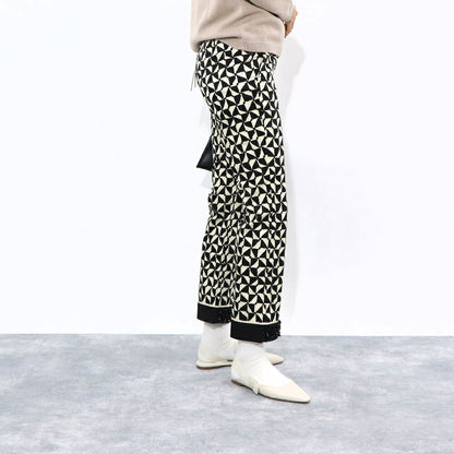 Max Mara ロングパンツ ブラック×クリーム 幾何学模様
