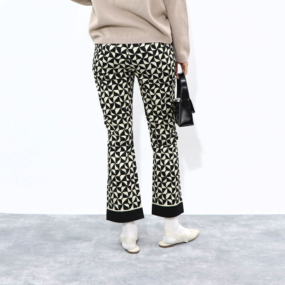 Max Mara ロングパンツ ブラック×クリーム 幾何学模様