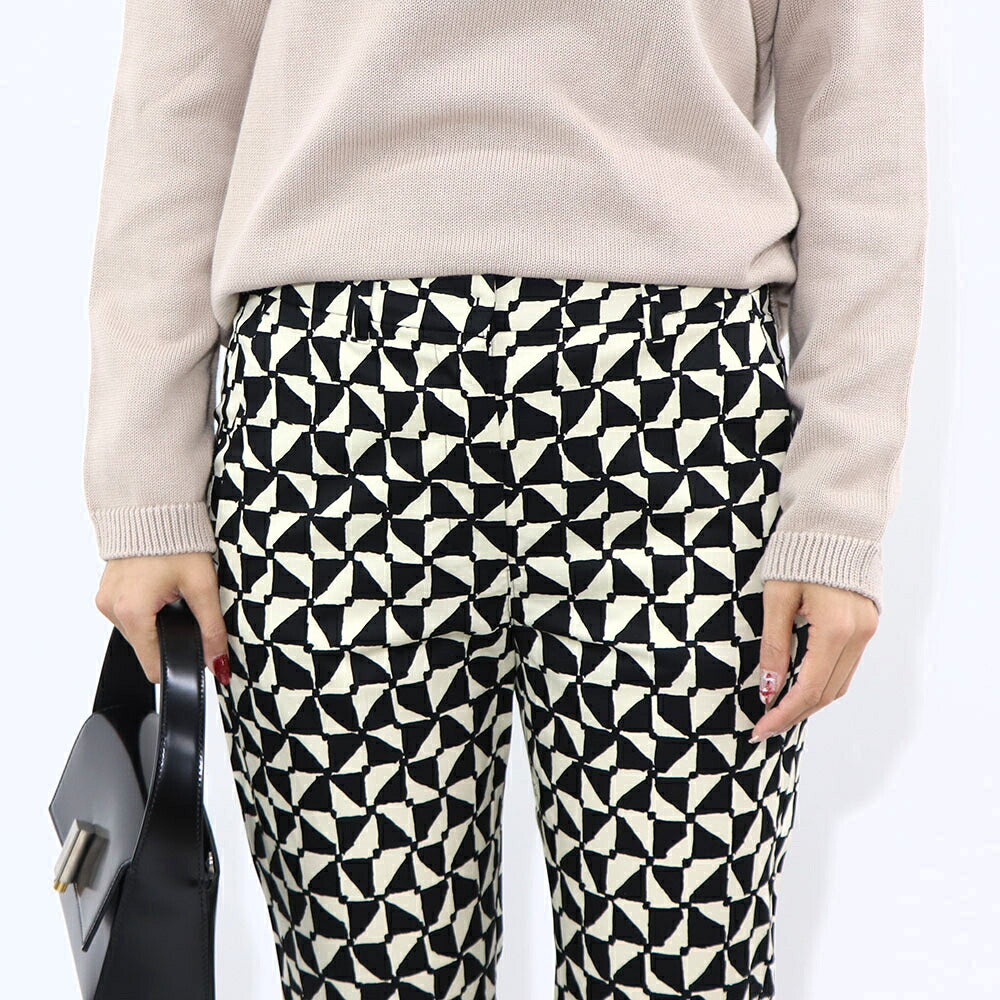 Max Mara ロングパンツ ブラック×クリーム 幾何学模様