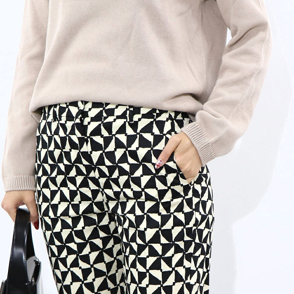 Max Mara ロングパンツ ブラック×クリーム 幾何学模様