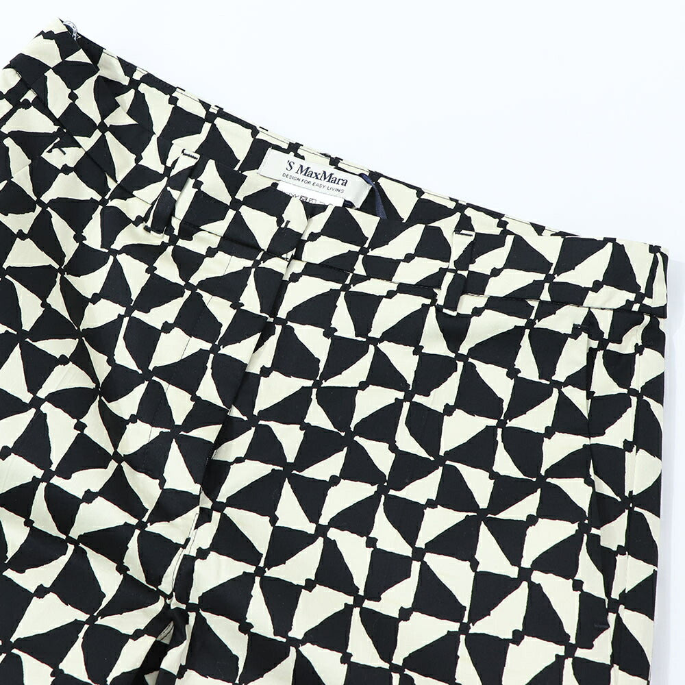 Max Mara ロングパンツ ブラック×クリーム 幾何学模様