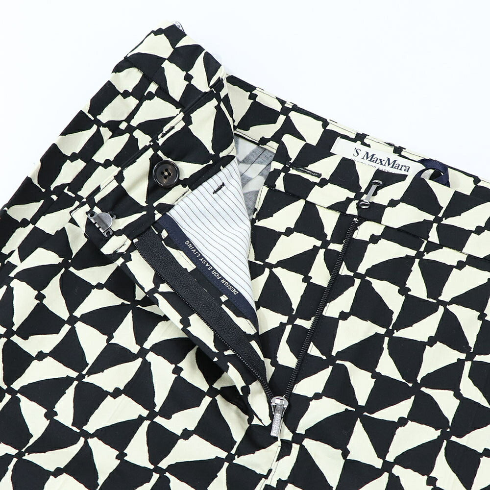 Max Mara ロングパンツ ブラック×クリーム 幾何学模様