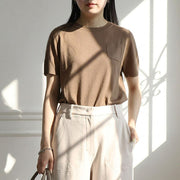 Max Mara Tシャツ ブラウン ウール クルーネック ニット パッチポケット 半袖 29366021