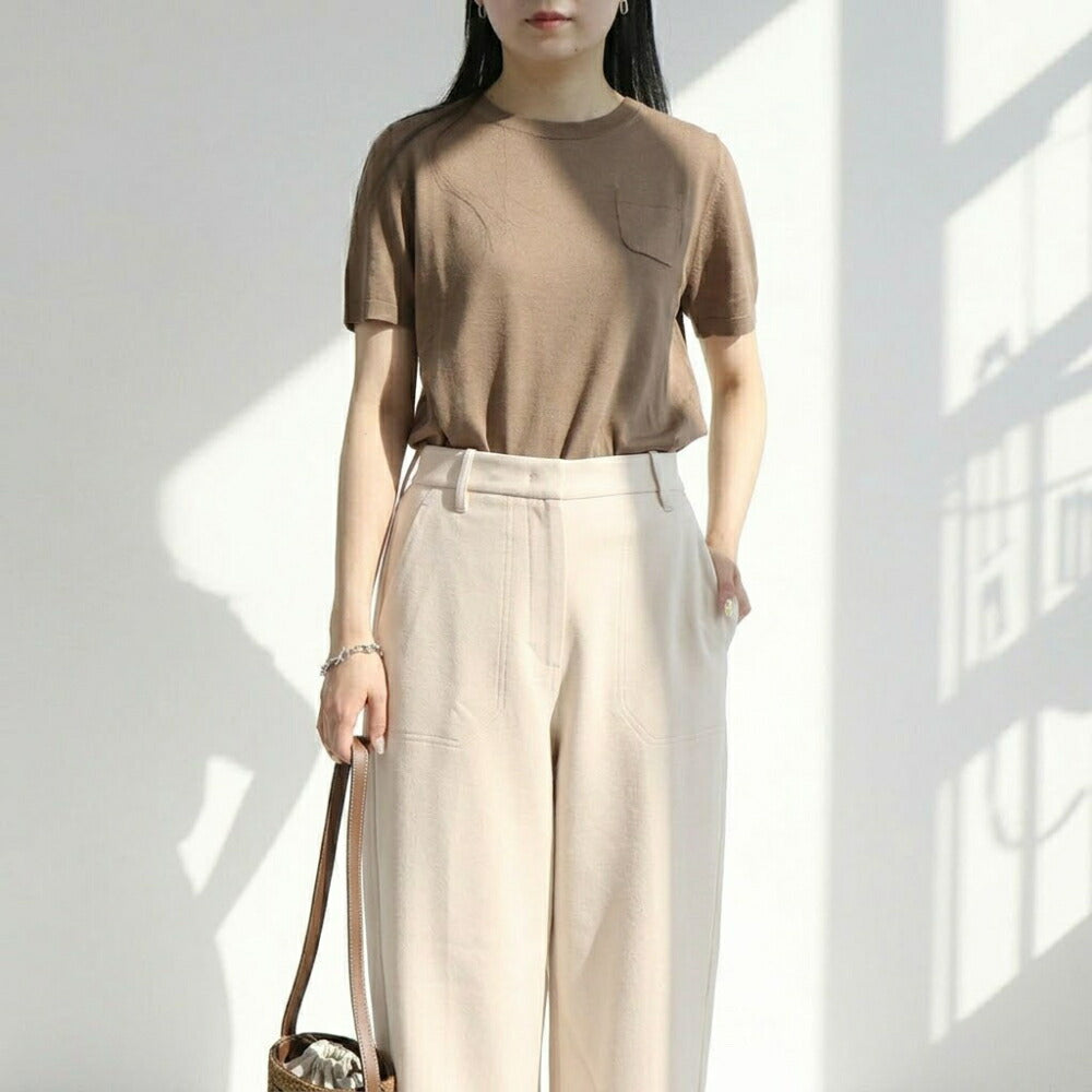 Max Mara Tシャツ ブラウン ウール クルーネック ニット パッチポケット 半袖 29366021