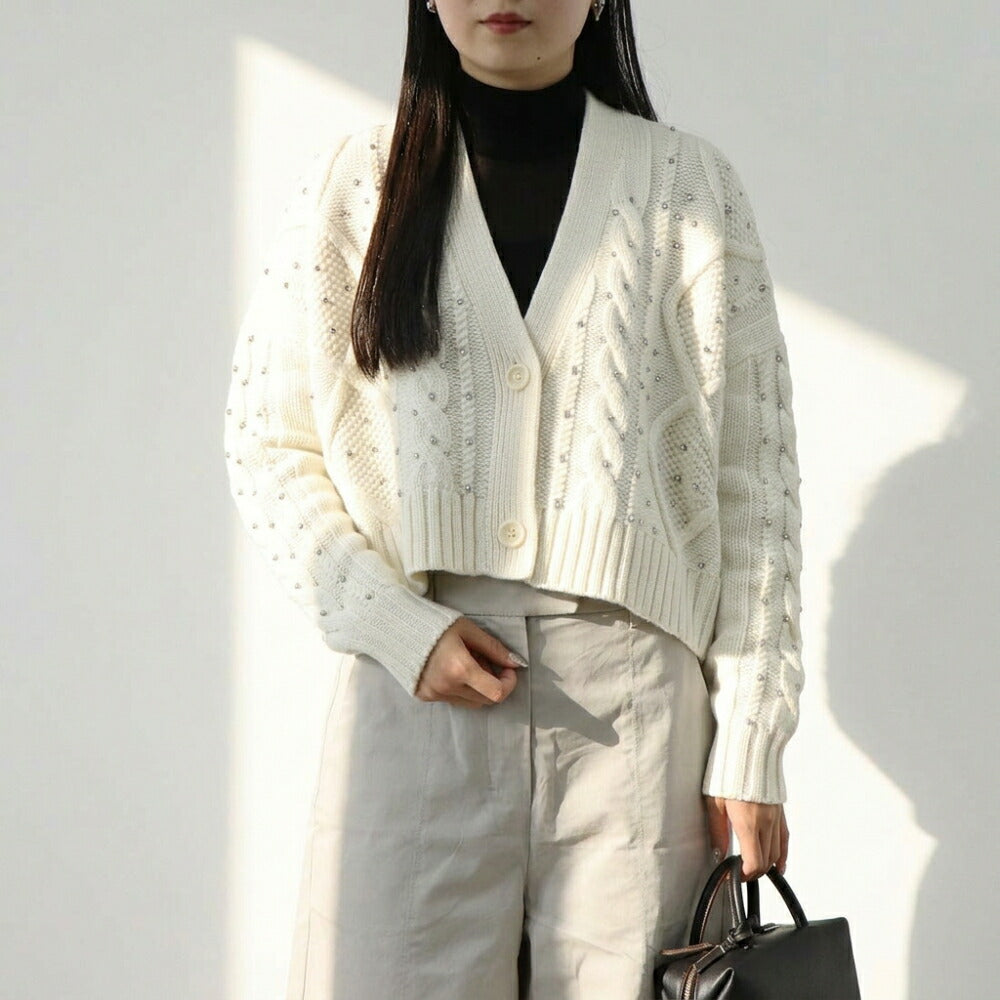 Max Mara ホワイト ニットカーディガン クロップド丈 ラインストーン 21346062