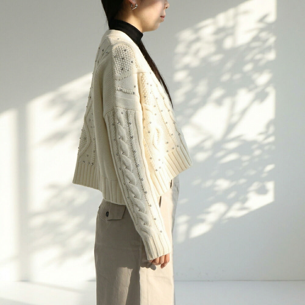 Max Mara ホワイト ニットカーディガン クロップド丈 ラインストーン 21346062