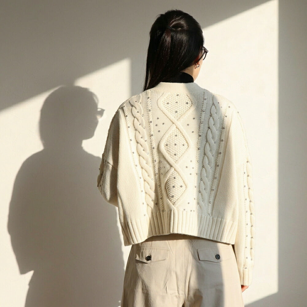 Max Mara ホワイト ニットカーディガン クロップド丈 ラインストーン 21346062