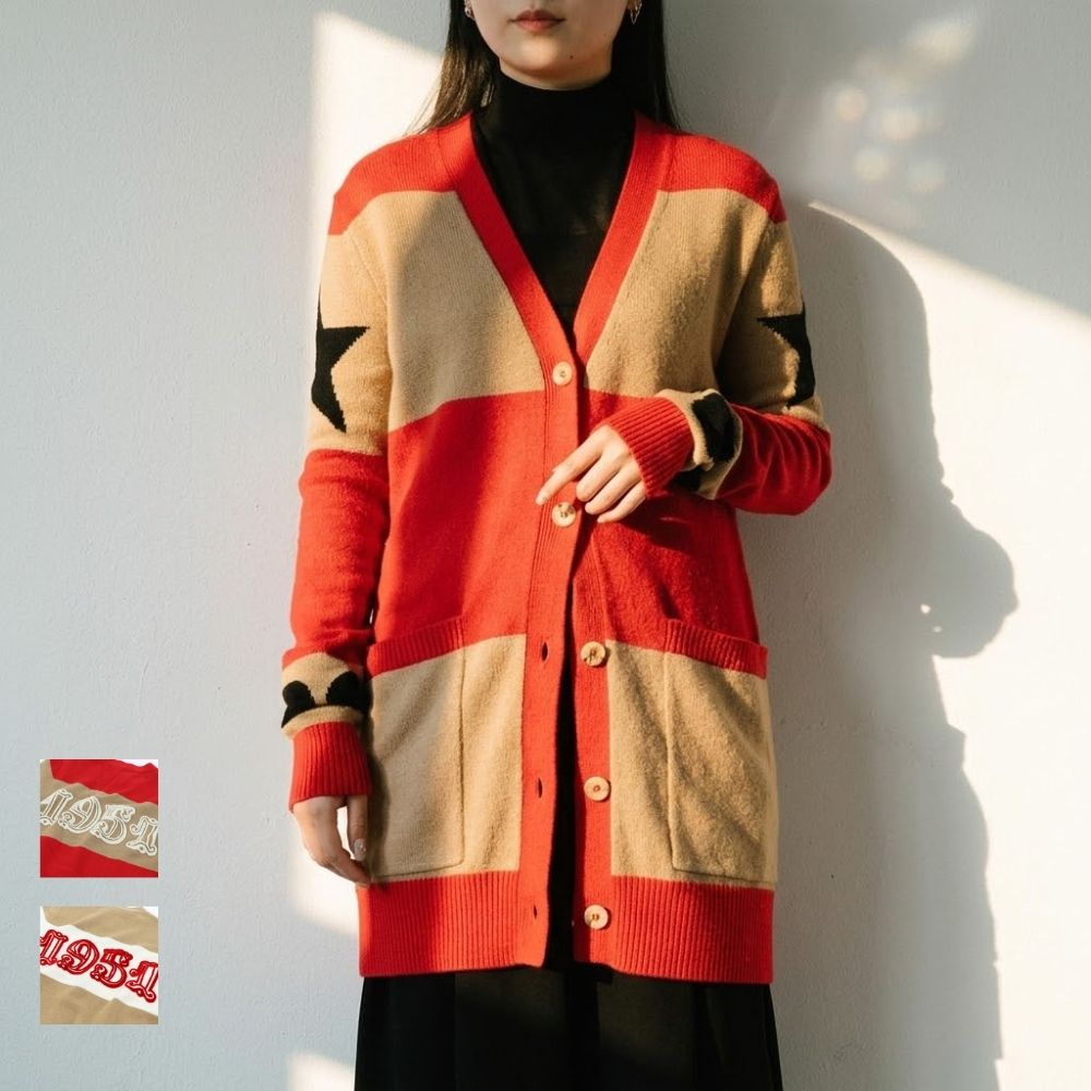 Max Mara キャメル×ホワイト レッド×キャメル Vネックカーディガン 21346031