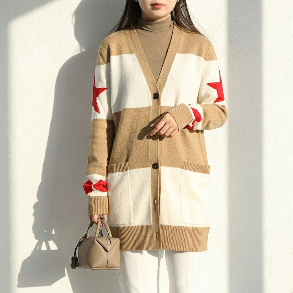 Max Mara キャメル×ホワイト レッド×キャメル Vネックカーディガン 21346031