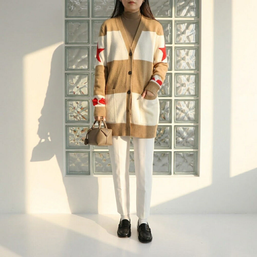 Max Mara キャメル×ホワイト レッド×キャメル Vネックカーディガン 21346031