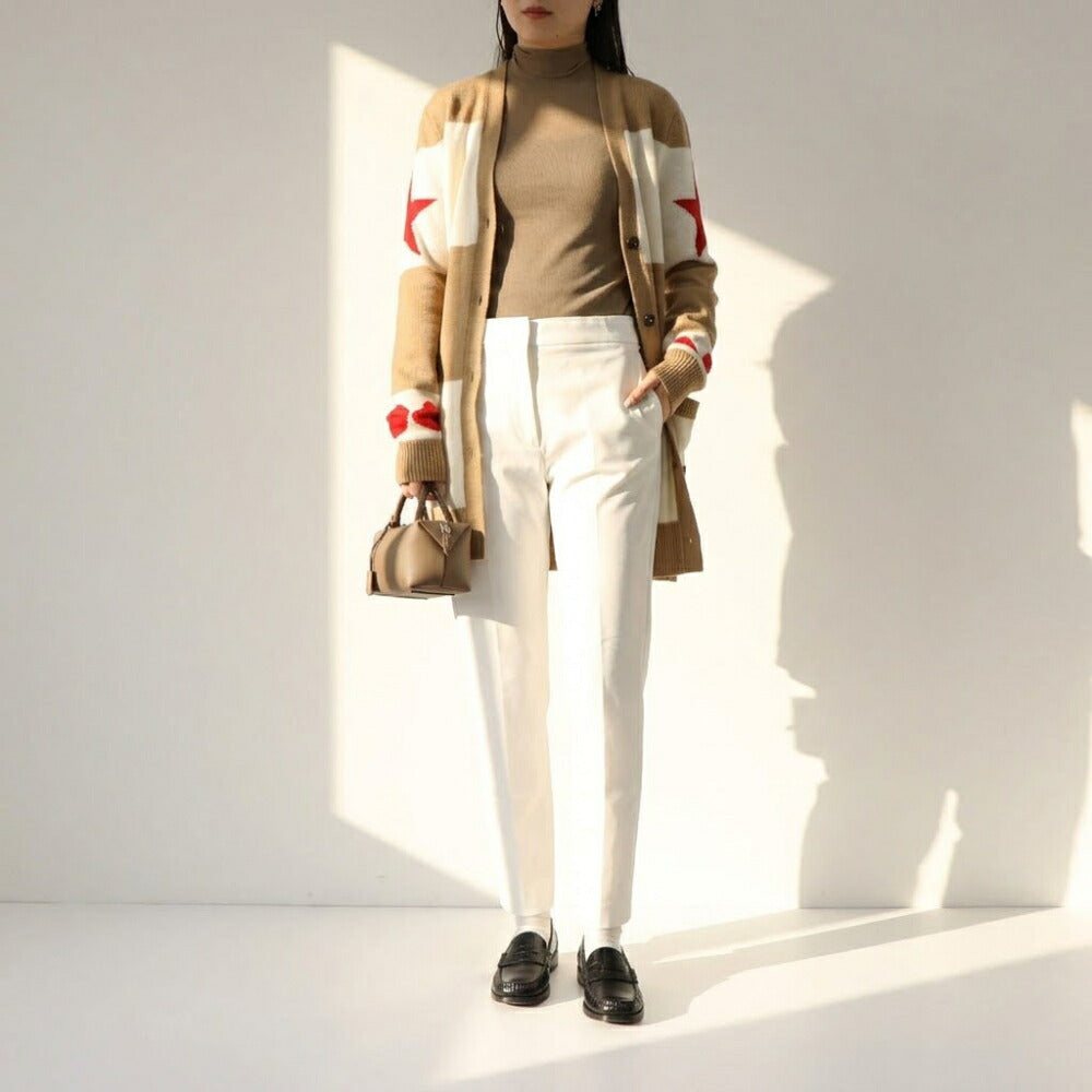 Max Mara キャメル×ホワイト レッド×キャメル Vネックカーディガン 21346031