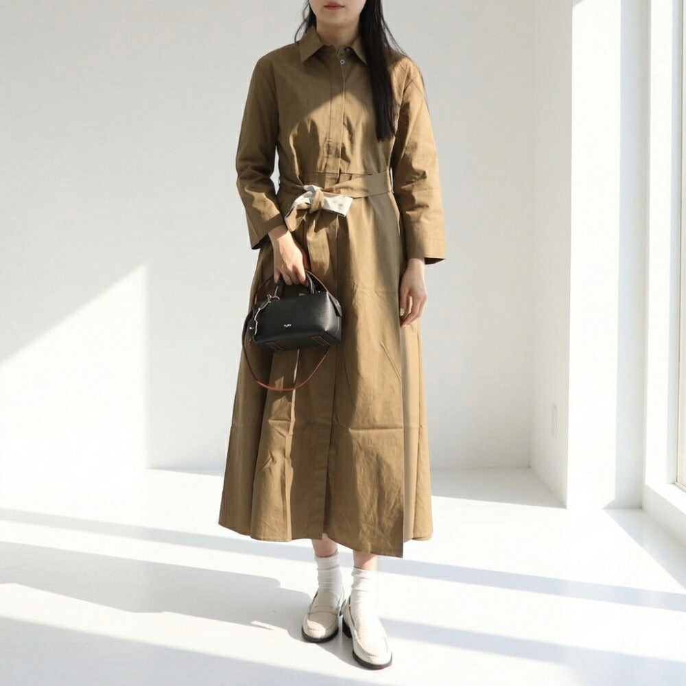 Max Mara ブラウン シャツワンピース ベルト ミモレ丈 フレア 19221071