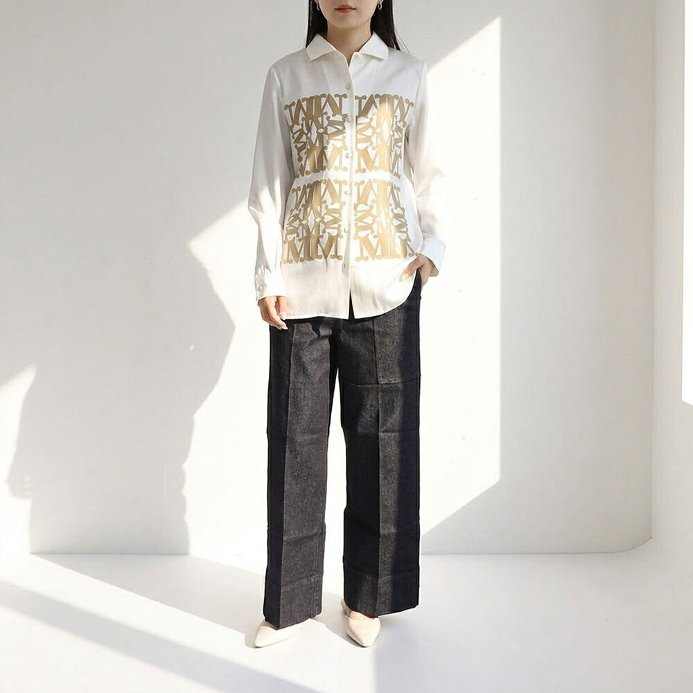 Max Mara シャツ  ホワイト シルク ツイルシャツ ロゴ 21116091
