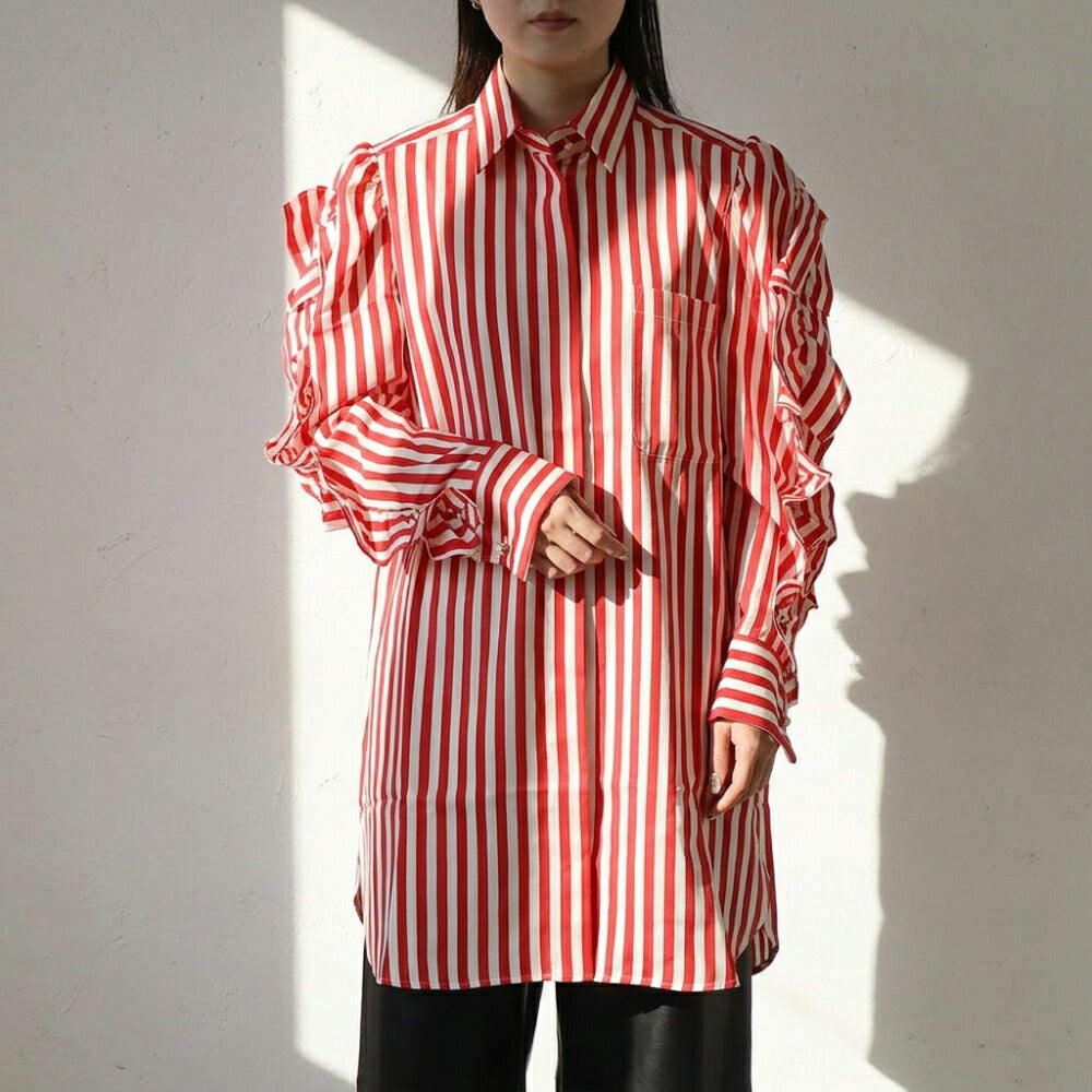 Max Mara レッド シルク ストライプ シャツワンピース ギャザー 21226061