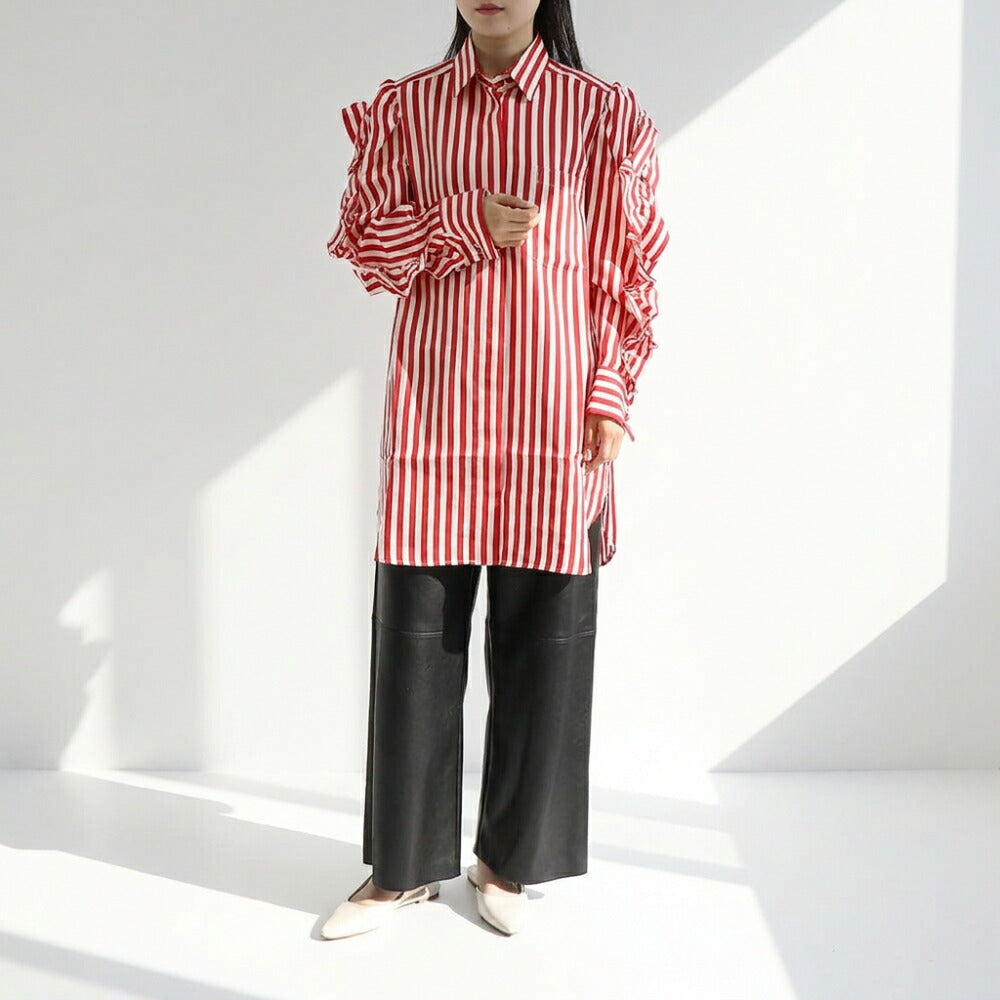 Max Mara レッド シルク ストライプ シャツワンピース ギャザー 21226061