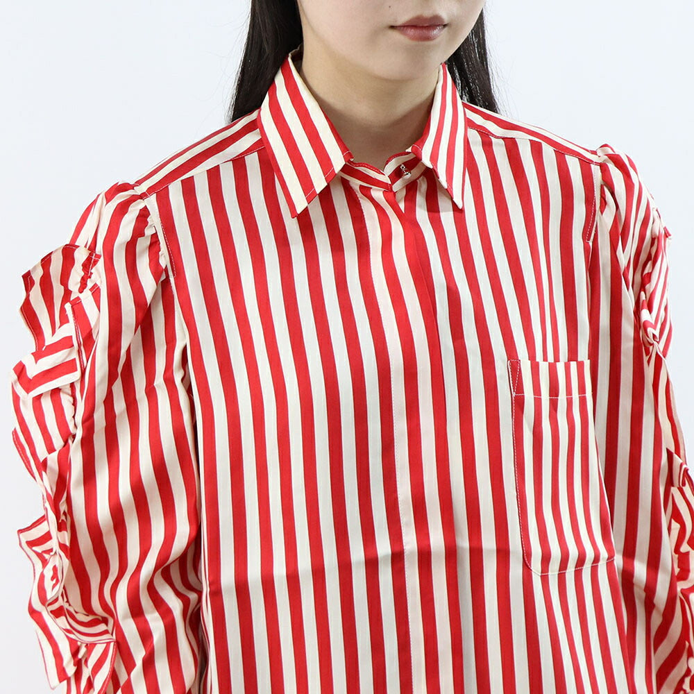 Max Mara レッド シルク ストライプ シャツワンピース ギャザー