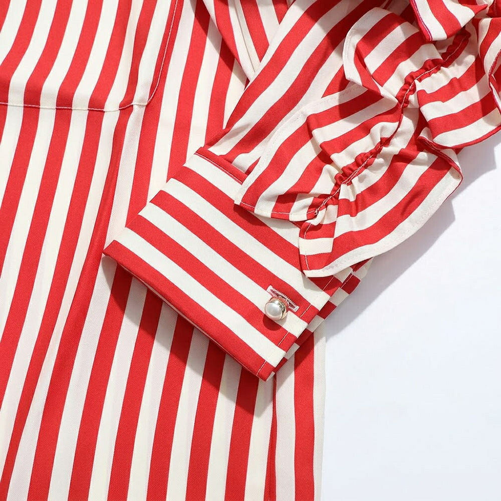 Max Mara レッド シルク ストライプ シャツワンピース ギャザー 21226061