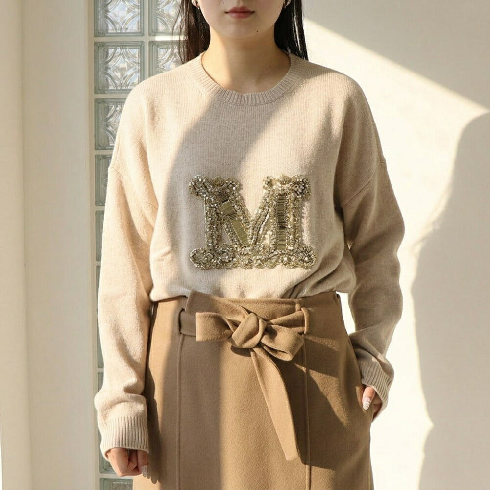 Max Mara ニット ベージュ クルーネック スパンコール ロゴ 21366232