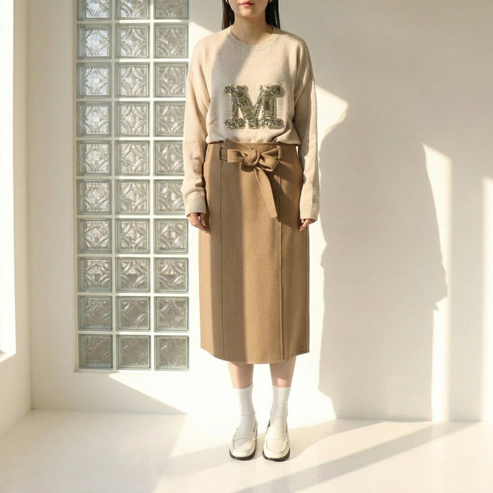 Max Mara ニット ベージュ クルーネック スパンコール ロゴ 21366232