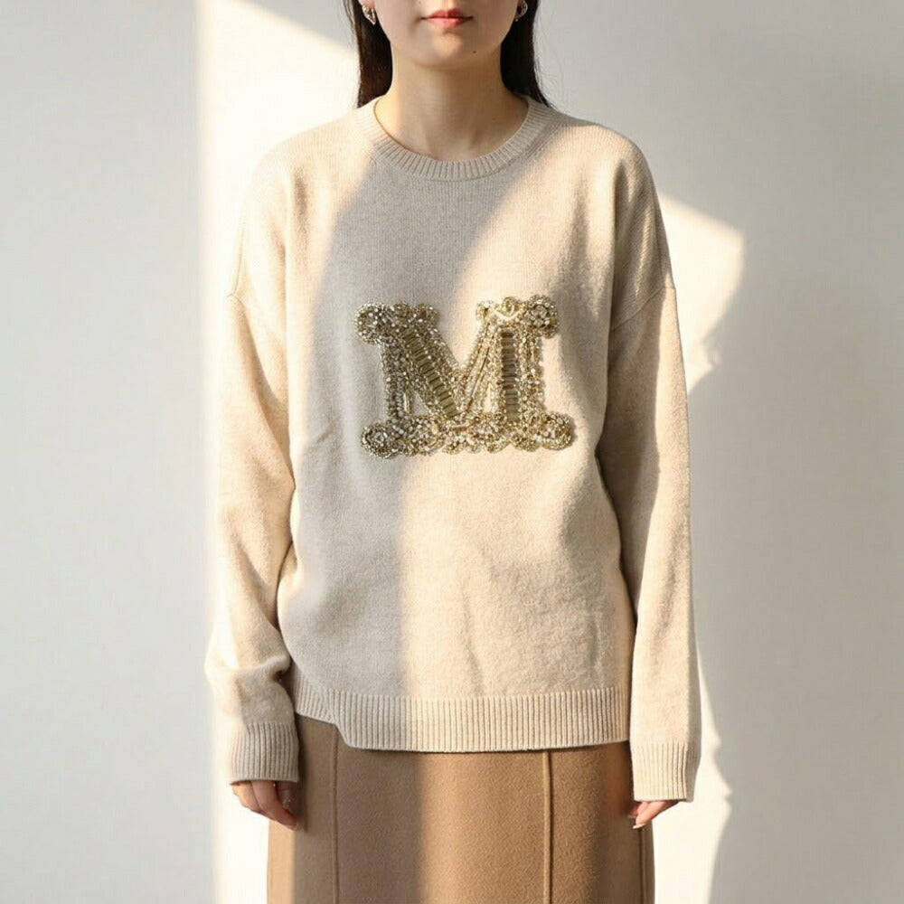 Max Mara ニット ベージュ クルーネック スパンコール ロゴ 21366232