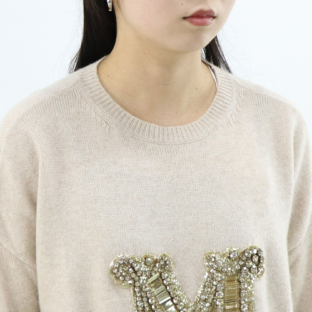 Max Mara ニット ベージュ クルーネック スパンコール ロゴ 21366232
