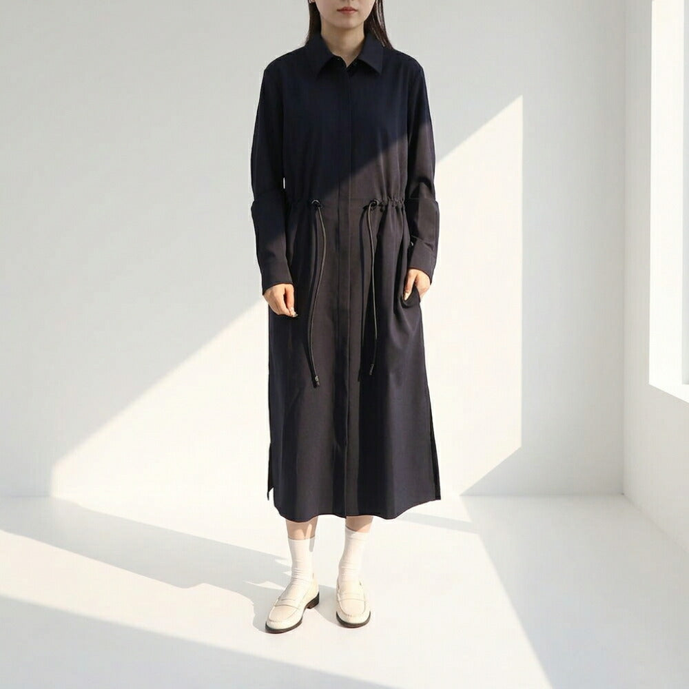 Max Mara ネイビー バージンウール ウールポプリン シャツワンピース ウエストマーク 11221061