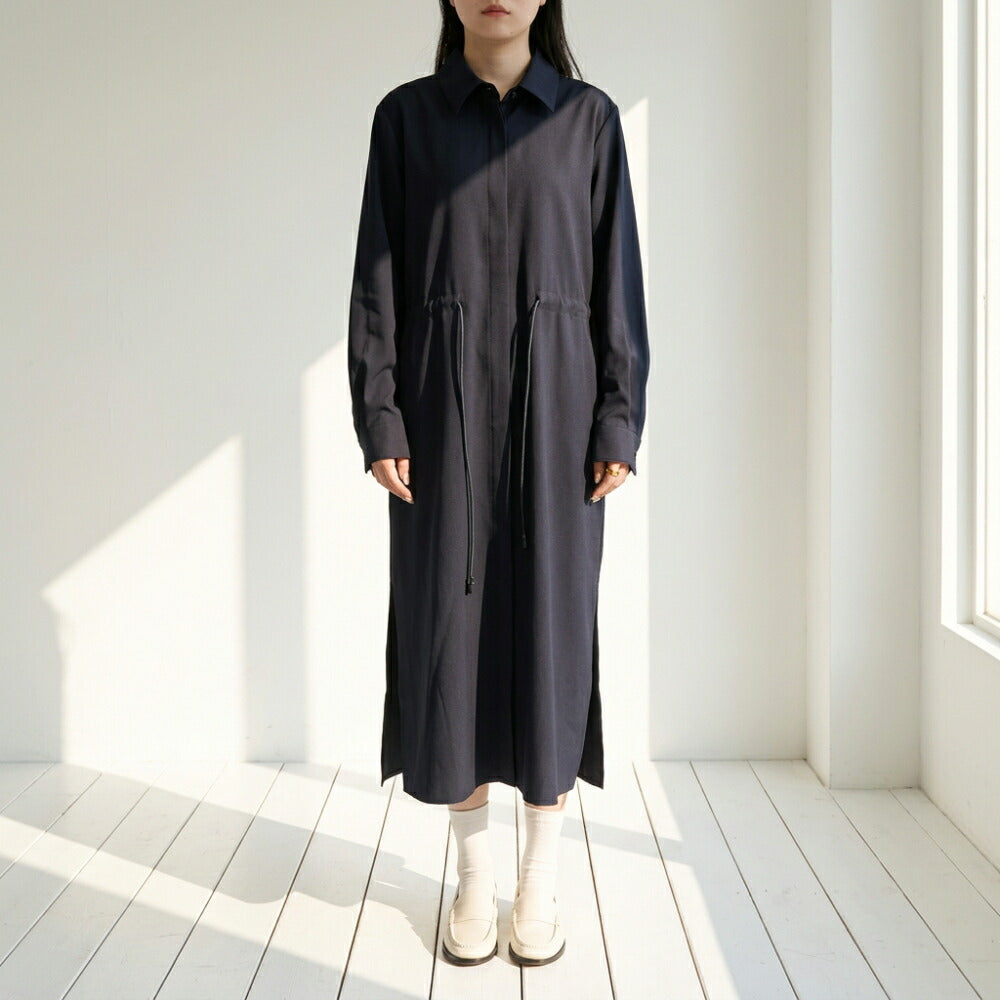 Max Mara ネイビー バージンウール ウールポプリン シャツワンピース ウエストマーク 11221061
