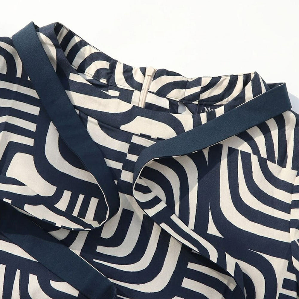 Max Mara ワンピース ネイビー Aライン ボウタイ 幾何学模様 19221233