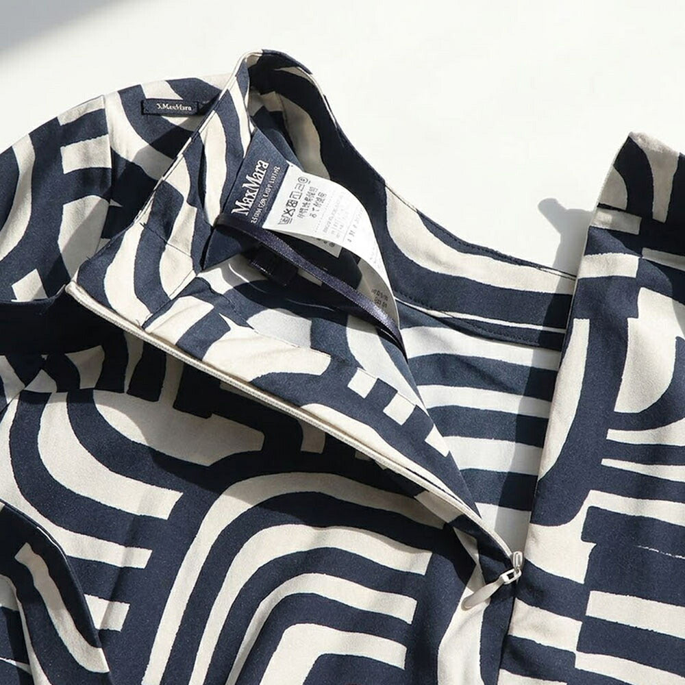 Max Mara ワンピース ネイビー Aライン ボウタイ 幾何学模様 19221233