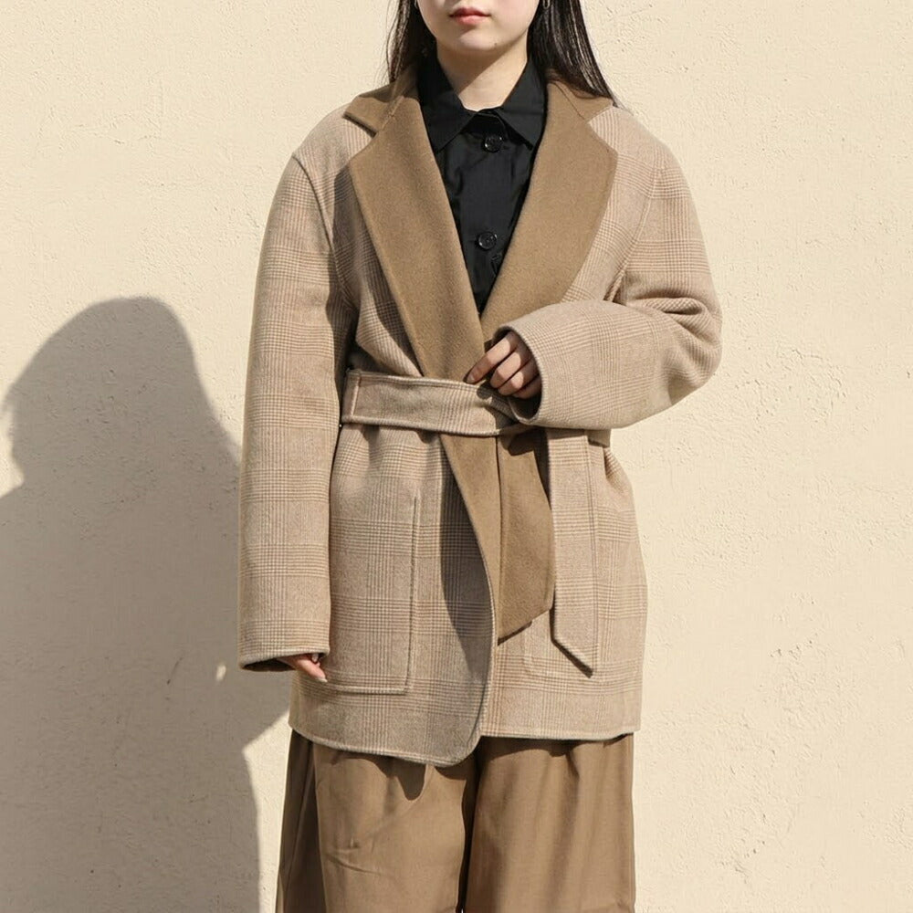 Max Mara ライトブラウン ガウンコート ショート丈 グレンチェック柄 21086042