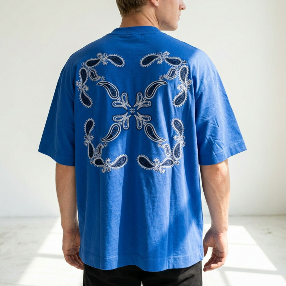 Off-White Tシャツ BLUE バンダナスケート バックプリント 半袖 OMAA120S24JER0034601
