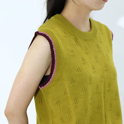 ポール スミス Paul Smith トップス ニット レディース Crew-neck sleeveless knitted top マスタード ウール コットン ノースリープ サマーニット 花柄 透かし編み リブニット W2R-339N-L31111